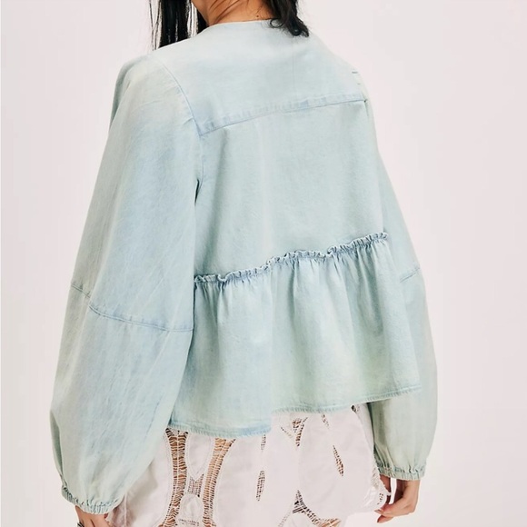 Free People Denim top Light Blue TieFront Blouse long sleeve lightweight jacket - Picture 3 of 5